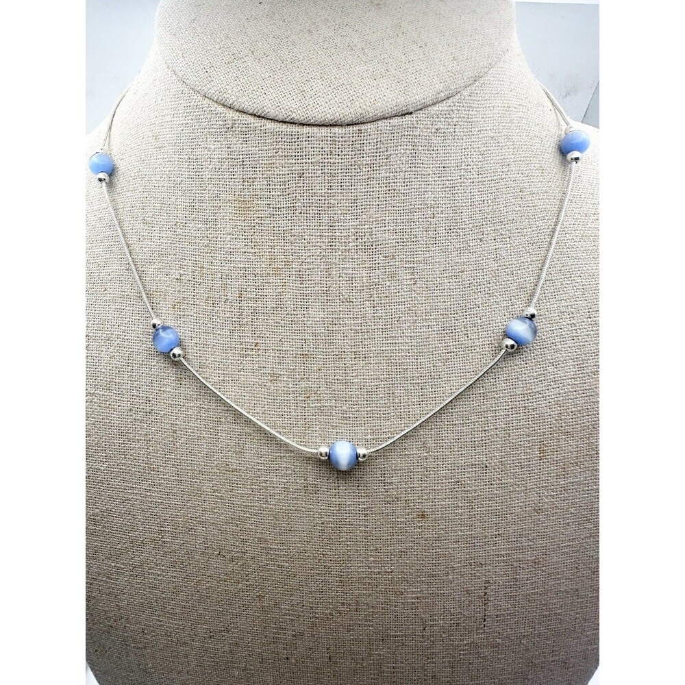 925 Sterling Silver Blue Cat Eye Glass Bead Necklace 18”